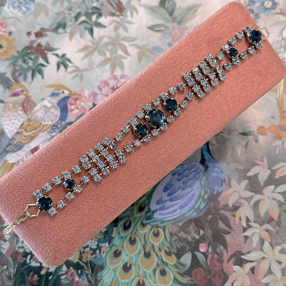 Signed Vintage Kramer Blue Rhinestone Bracelet MCM Tennis Bracelet 7 1/4” 1950’s - Picture 1 of 14